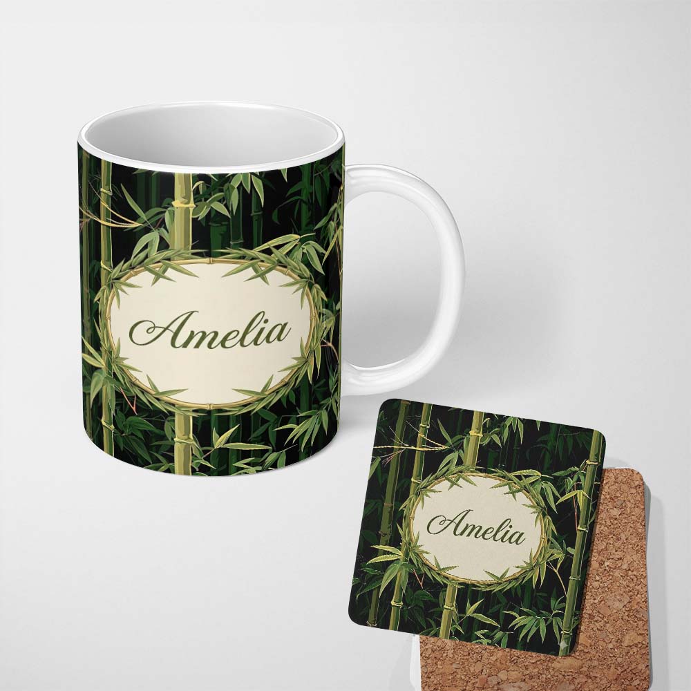 Personalized Custom Name Dark Bamboo Forest Texture Pattern Deep Green Botanical Artistic 11oz Ceramic Coffee Tea Mug White Large Handle