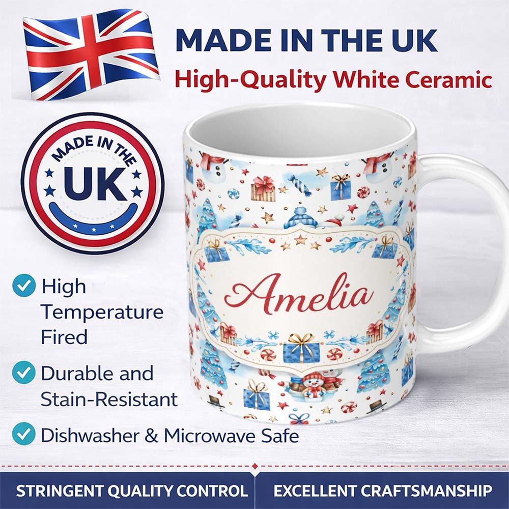 Personalized Custom Name Cute Snowman Christmas Pattern Gifts Candy Winter Seamless Design 11oz Ceramic Coffee Tea Mug White Large Handle