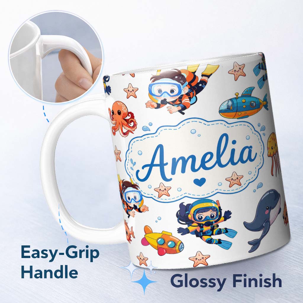 Personalized Custom Name Underwater with Scuba Divers Starfish and Whale on Clean White 11oz Ceramic Coffee Tea Mug White Large Handle