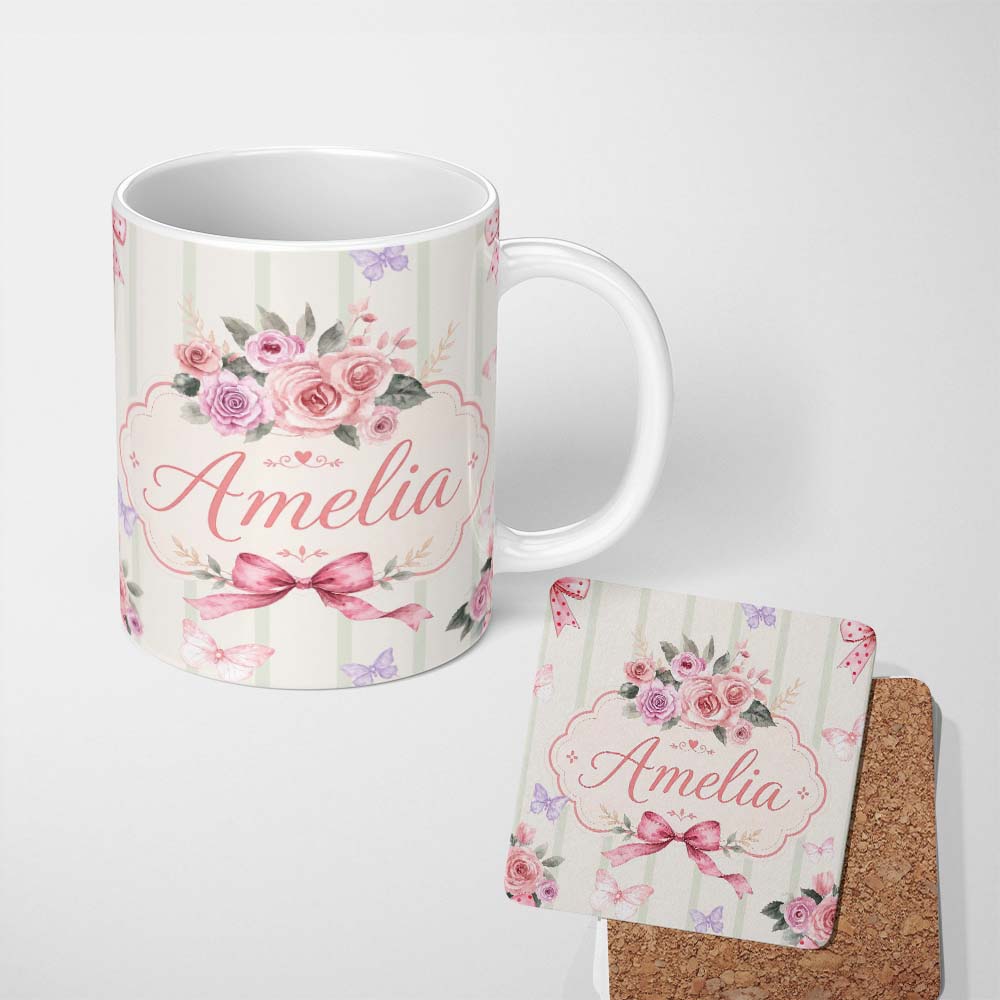 Personalized Custom Name Elegant Watercolor Rose Bouquet Ribbon Butterfly Sage Stripe Lovely 11oz Ceramic Coffee Tea Mug White Large Handle
