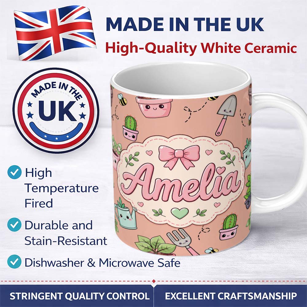 Personalized Custom Name Cute Kawaii Garden Tools Plants Bees Seamless Pattern Peach Lovely 11oz Ceramic Coffee Tea Mug White Large Handle