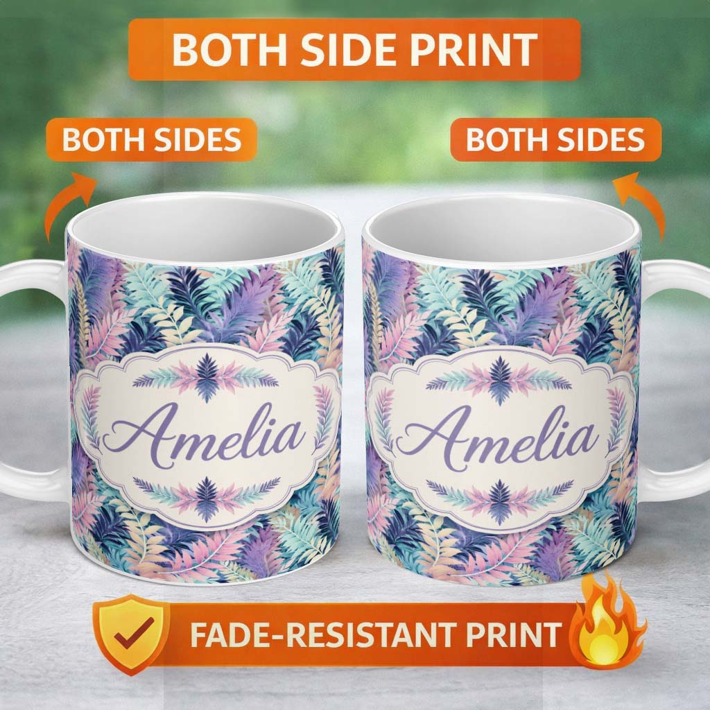 Personalized Custom Name Pastel Multicolour Tropical Leaves Seamless Pattern Cute Unique Gift 11oz Ceramic Coffee Tea Mug White Large Handle