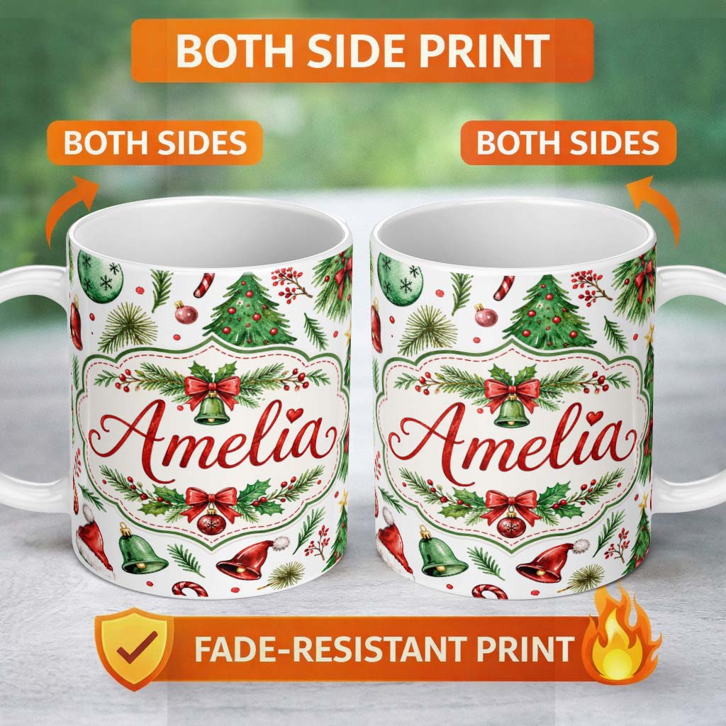 Personalized Custom Name Watercolor Christmas Trees Bells Santa Hats Festive Seamless Pattern 11oz Ceramic Coffee Tea Mug White Large Handle