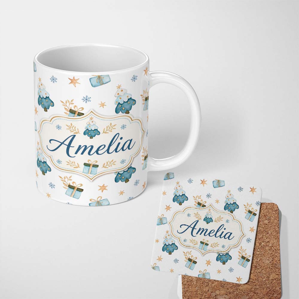 Personalized Custom Name Soft Blue Christmas Tree Gift Snowflake Cute Seamless Pattern Lovely 11oz Ceramic Coffee Tea Mug White Large Handle