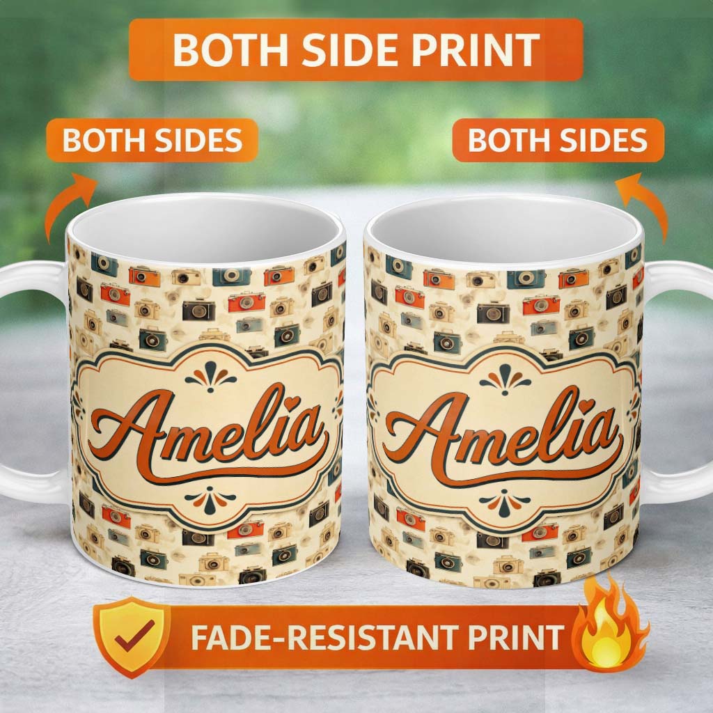 Personalized Custom Name Warm Vintage Camera Pattern with Wooden Texture Background Seamless 11oz Ceramic Coffee Tea Mug White Large Handle