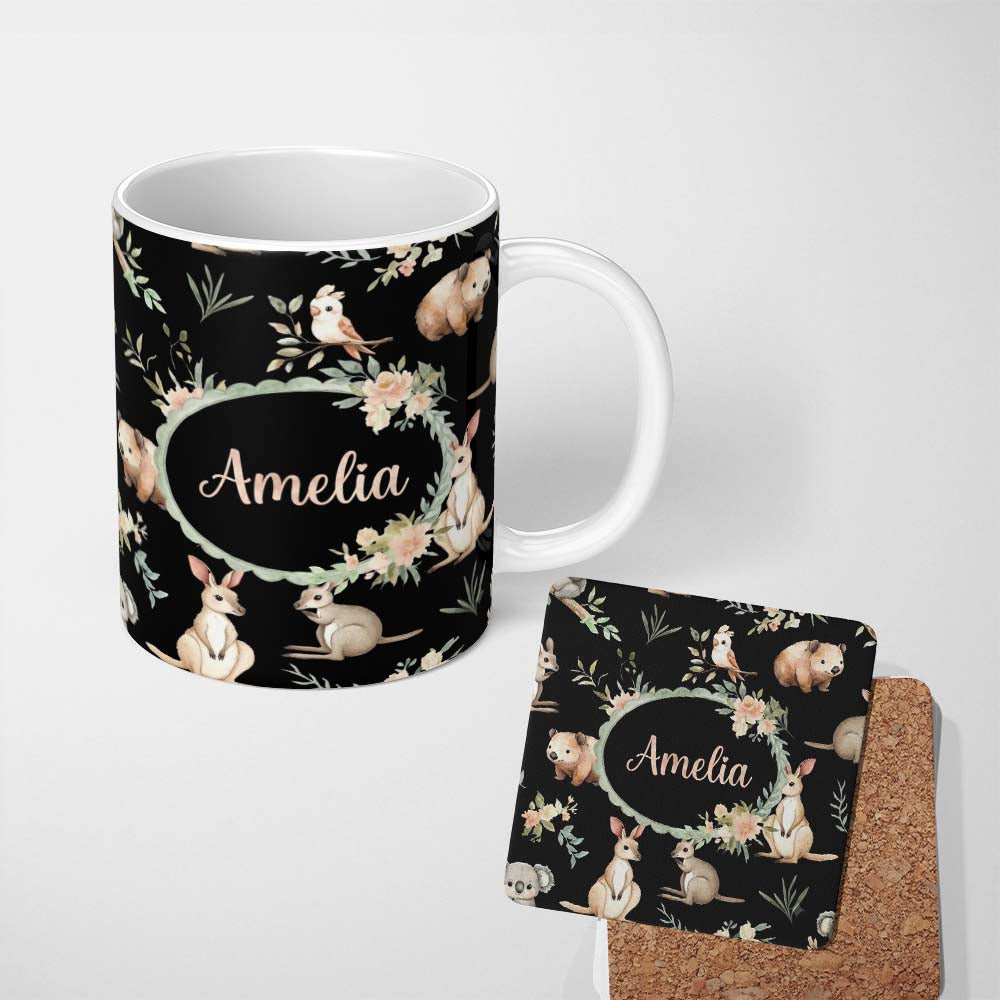 Personalized Custom Name Woodland Animals Koala Kangaroo Bear Floral Black Seamless Pattern 11oz Ceramic Coffee Tea Mug White Large Handle