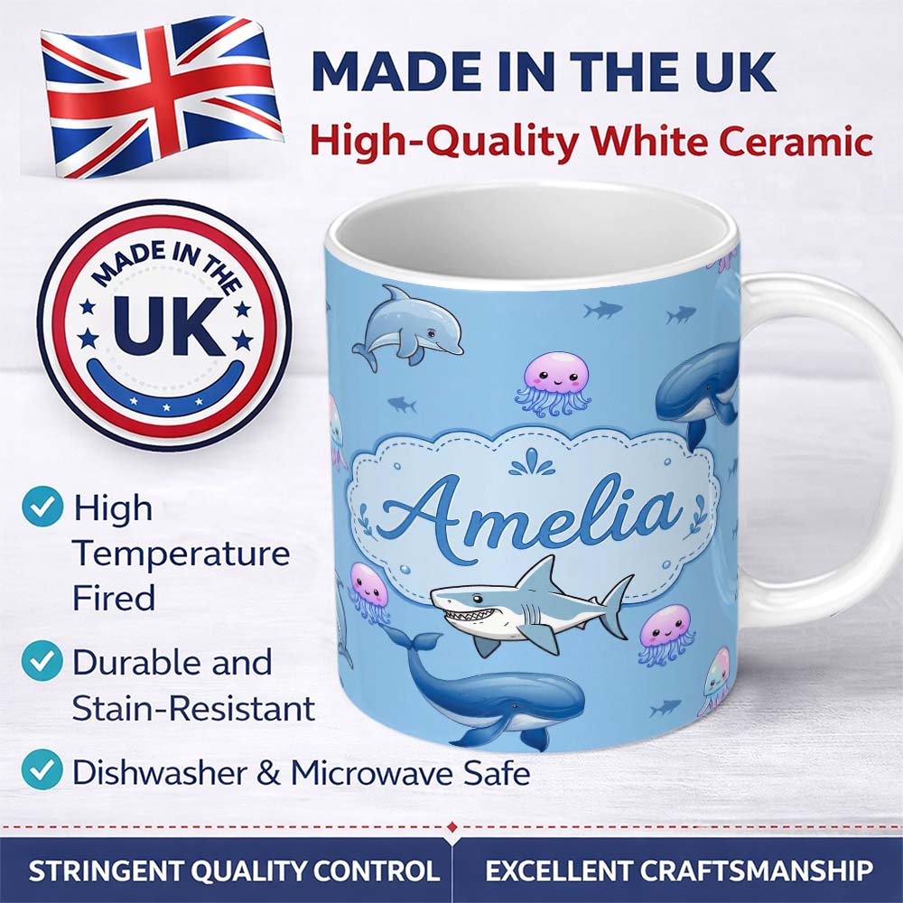 Personalized Custom Name Cute Dolphin Shark and Jellyfish Ocean Animals Blue Background 11oz Ceramic Coffee Tea Mug White Large Handle