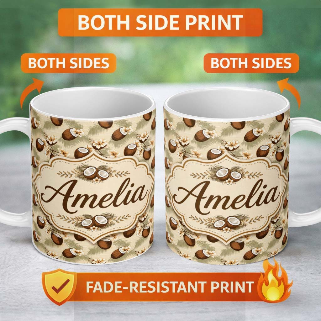 Personalized Custom Name Coconut Palm Hibiscus Tropical Island Seamless Pattern Lovely 11oz Ceramic Coffee Tea Mug White Large Handle