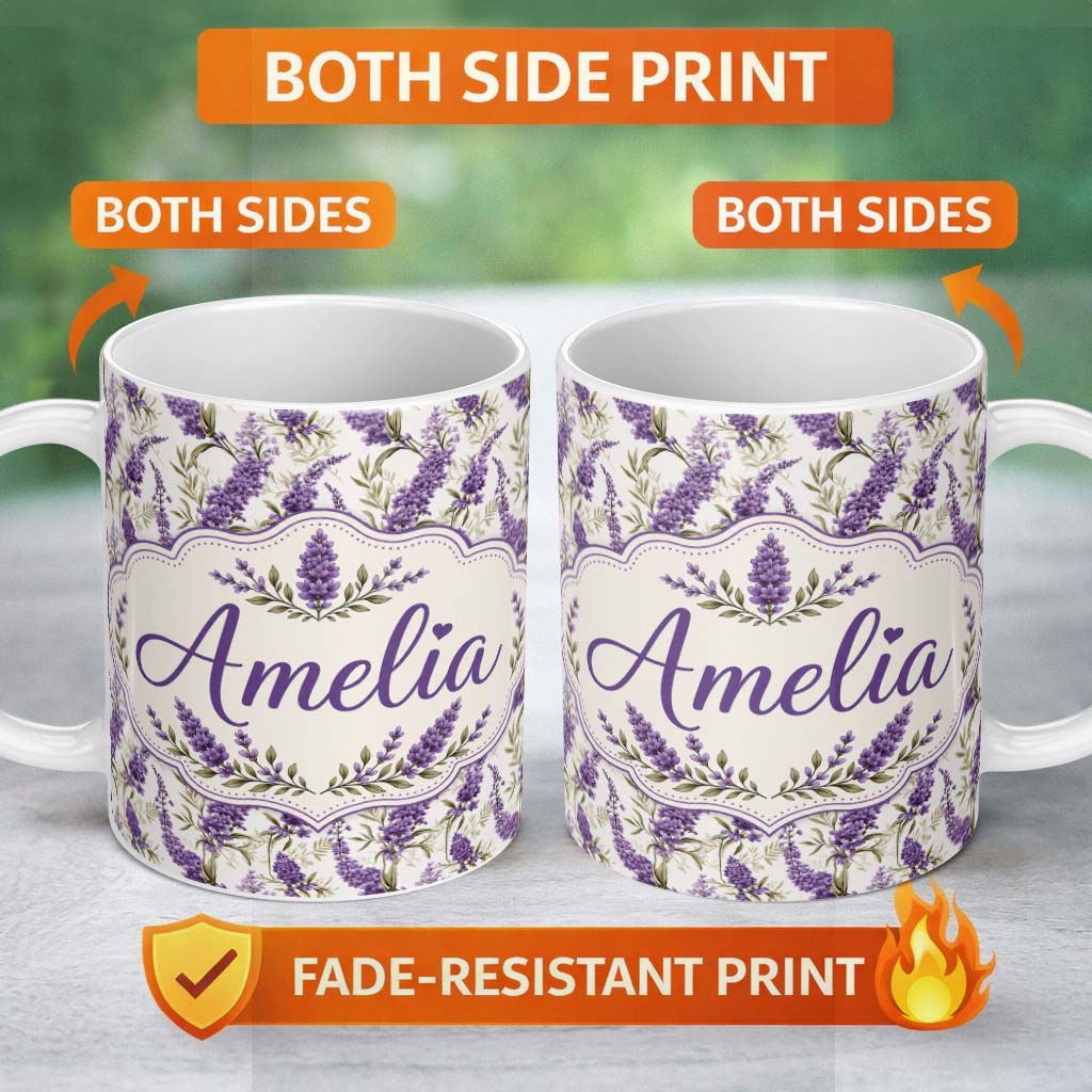 Personalized Custom Name Elegant Lavender Sprigs Botanical Repeat on Soft Neutral Background 11oz Ceramic Coffee Tea Mug White Large Handle