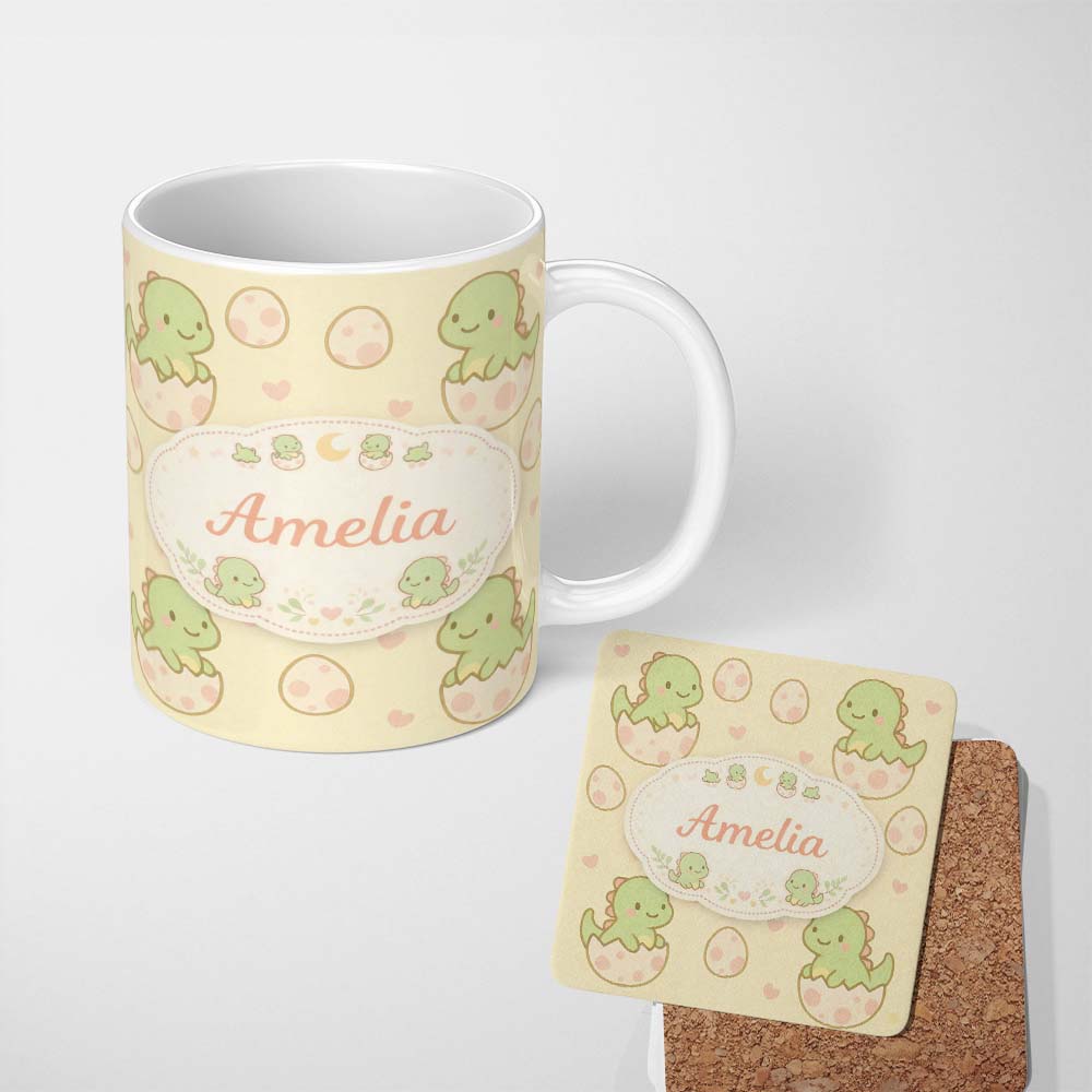Personalized Custom Name Cute Baby Dinosaur Egg Cartoon Animal Pattern Cute Unique Gift 11oz Ceramic Coffee Tea Mug White Large Handle