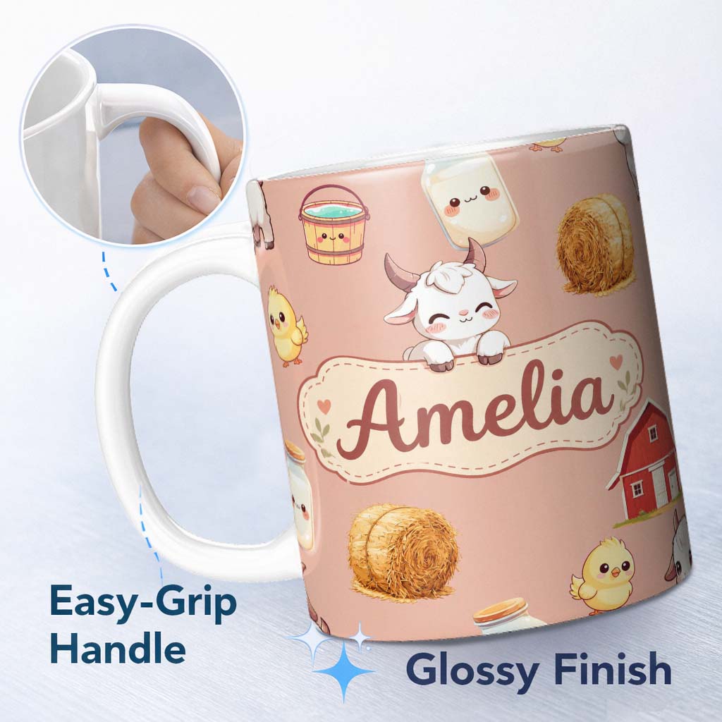 Personalized Custom Name Cute Farm Goat Barn Hay Bale Chick Peach Background Seamless Pattern 11oz Ceramic Coffee Tea Mug White Large Handle