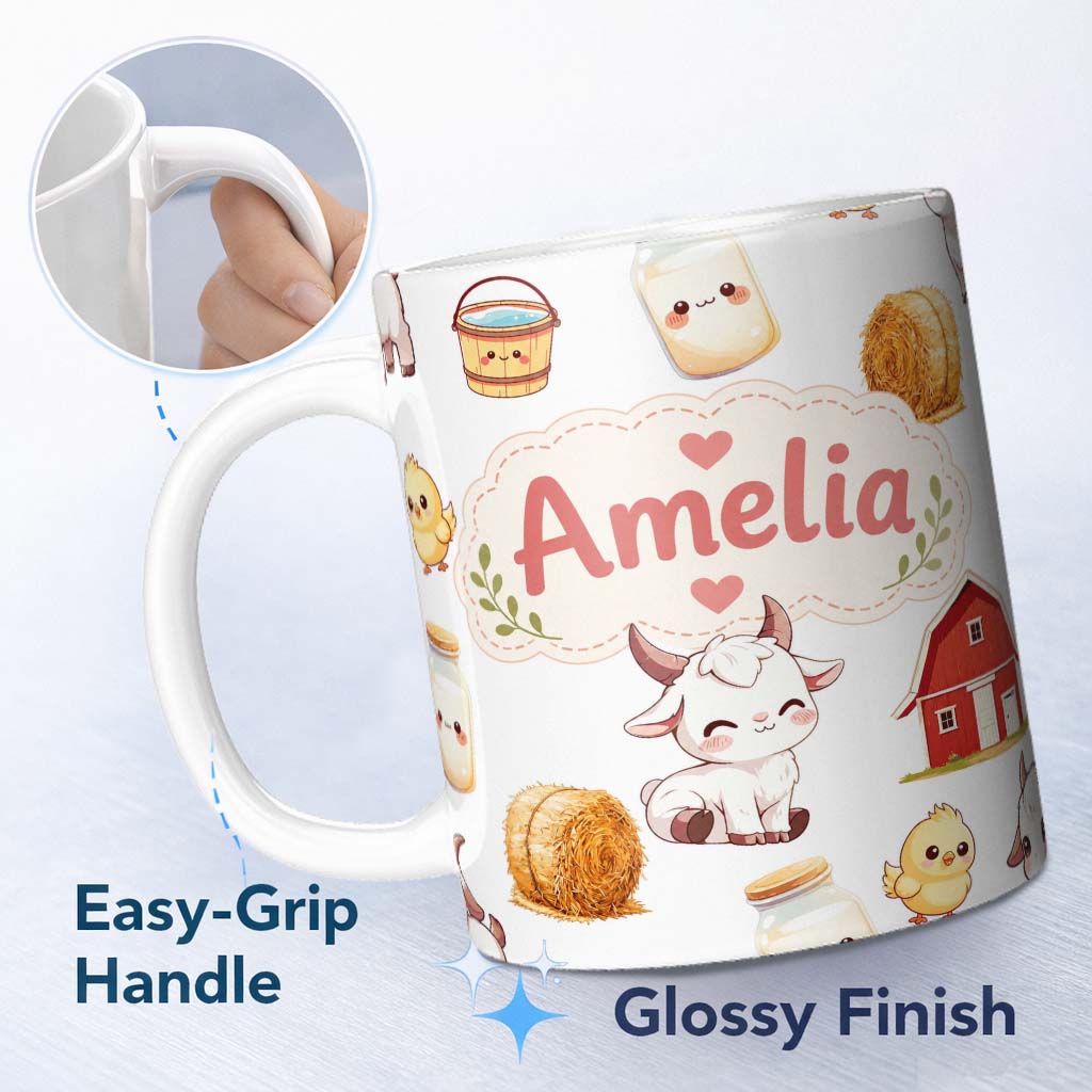 Personalized Custom Name Cute Farm Goat Barn Hay Bale Chick Milk Bucket Grey Background 11oz Ceramic Coffee Tea Mug White Large Handle