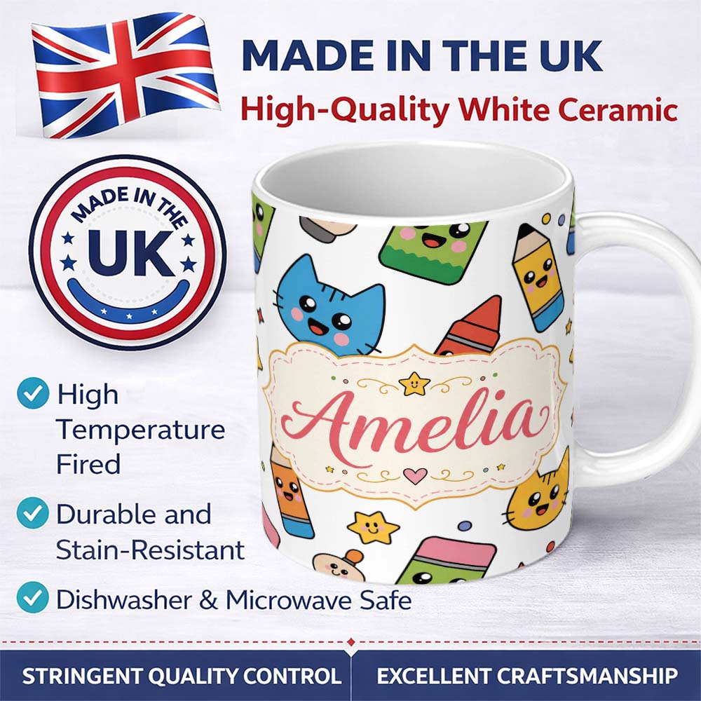 Personalized Custom Name Cute Kawaii Cats Crayons and Pencils Fun School Seamless Pattern 11oz Ceramic Coffee Tea Mug White Large Handle