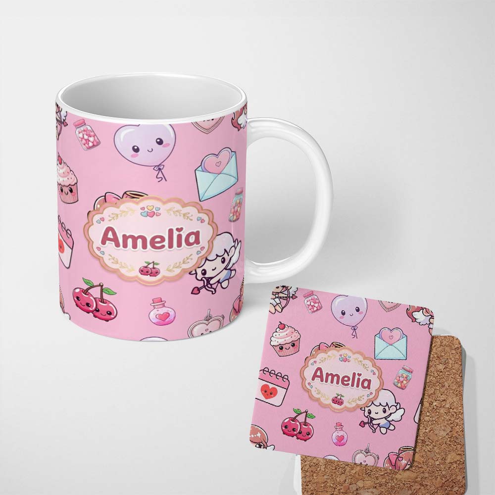 Personalized Custom Name Cute Cupid Angels Hearts Sweets Balloon Love Elements Soft Pink 11oz Ceramic Coffee Tea Mug White Large Handle