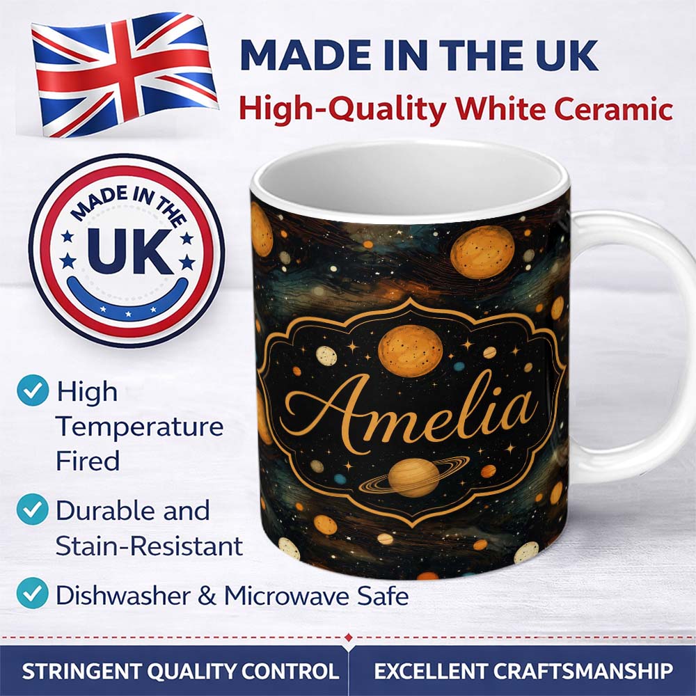 Personalized Custom Name Dark Golden Planets Galaxy Space Seamless Pattern Elegant Cosmic 11oz Ceramic Coffee Tea Mug White Large Handle