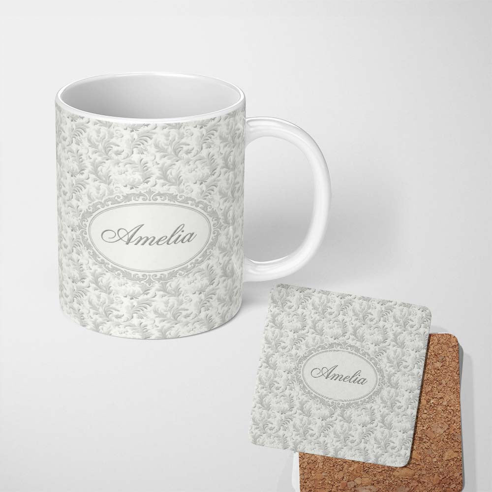 Personalized Custom Name Subtle Grey Leafy Damask Classic Seamless Pattern Cute Unique Gift 11oz Ceramic Coffee Tea Mug White Large Handle
