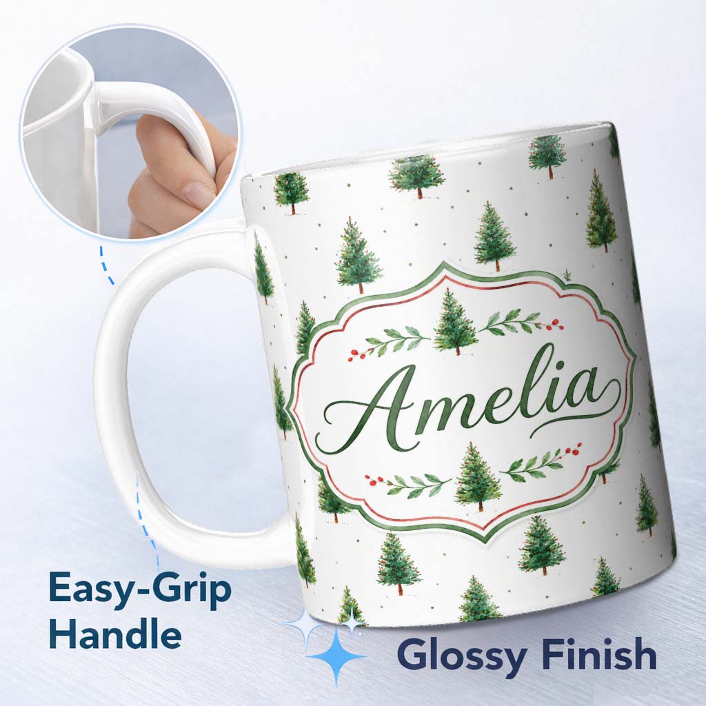 Personalized Custom Name Mini Christmas Tree Winter Holiday Snowy Seamless Pattern Lovely 11oz Ceramic Coffee Tea Mug White Large Handle