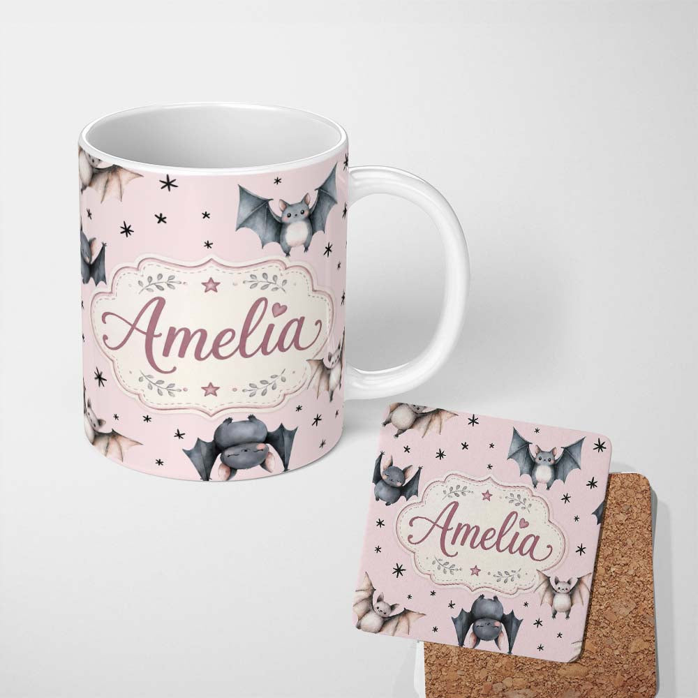 Personalized Custom Name Cute Baby Bats Flying with Stars Soft Blush Pink Background 11oz Ceramic Coffee Tea Mug White Large Handle