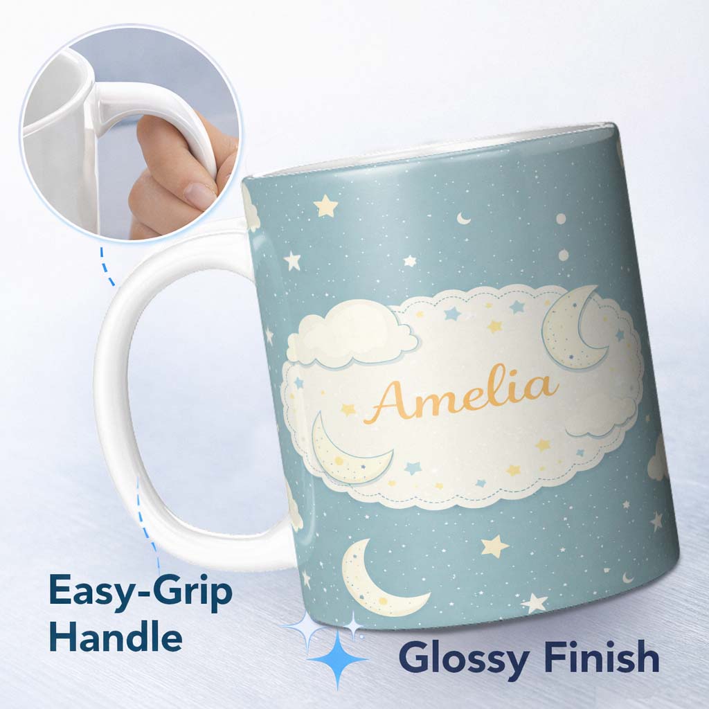 Personalized Custom Name Light Blue Night Sky Moon Hanging Stars Cute Seamless Pattern Lovely 11oz Ceramic Coffee Tea Mug White Large Handle