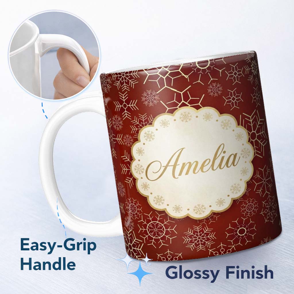 Personalized Custom Name Elegant Gold Snowflake Red Background Christmas Seamless Pattern 11oz Ceramic Coffee Tea Mug White Large Handle