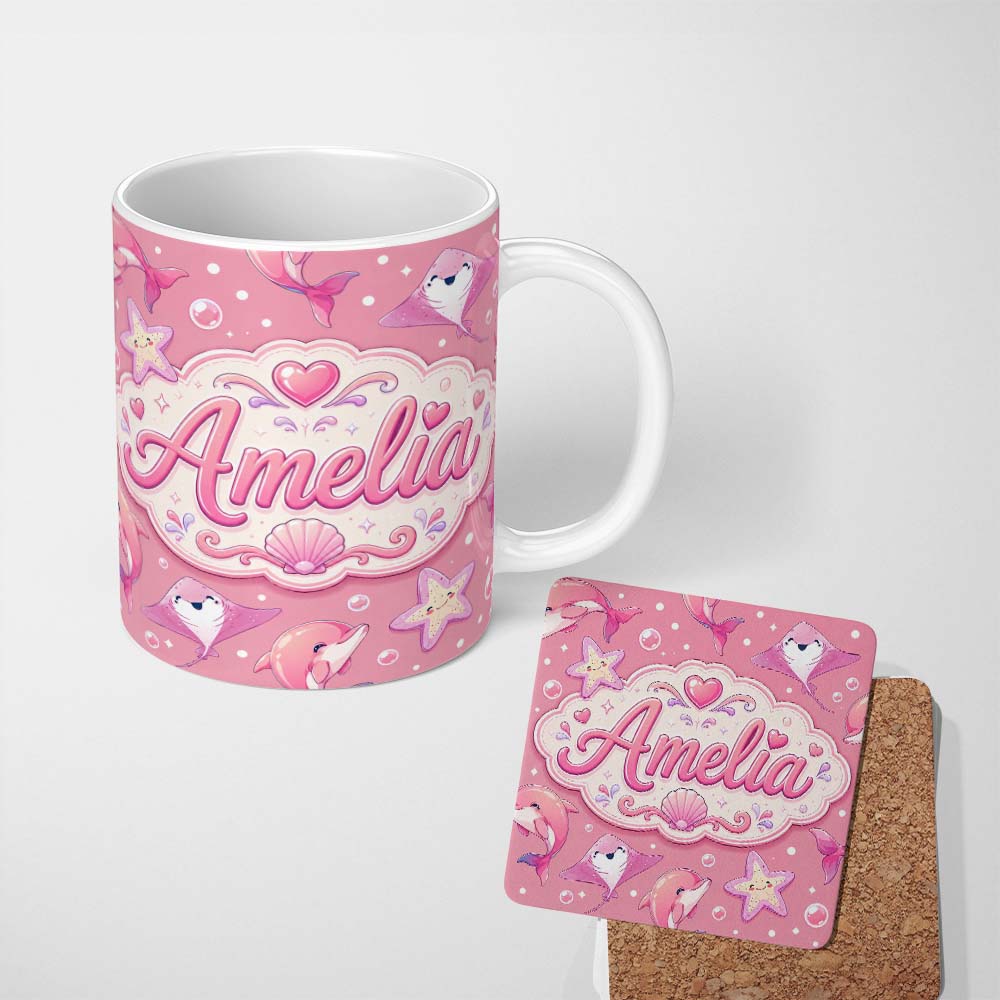 Personalized Custom Name Cute Pink Dolphin Stingray Starfish Ocean Creatures Pink Polka Dot 11oz Ceramic Coffee Tea Mug White Large Handle
