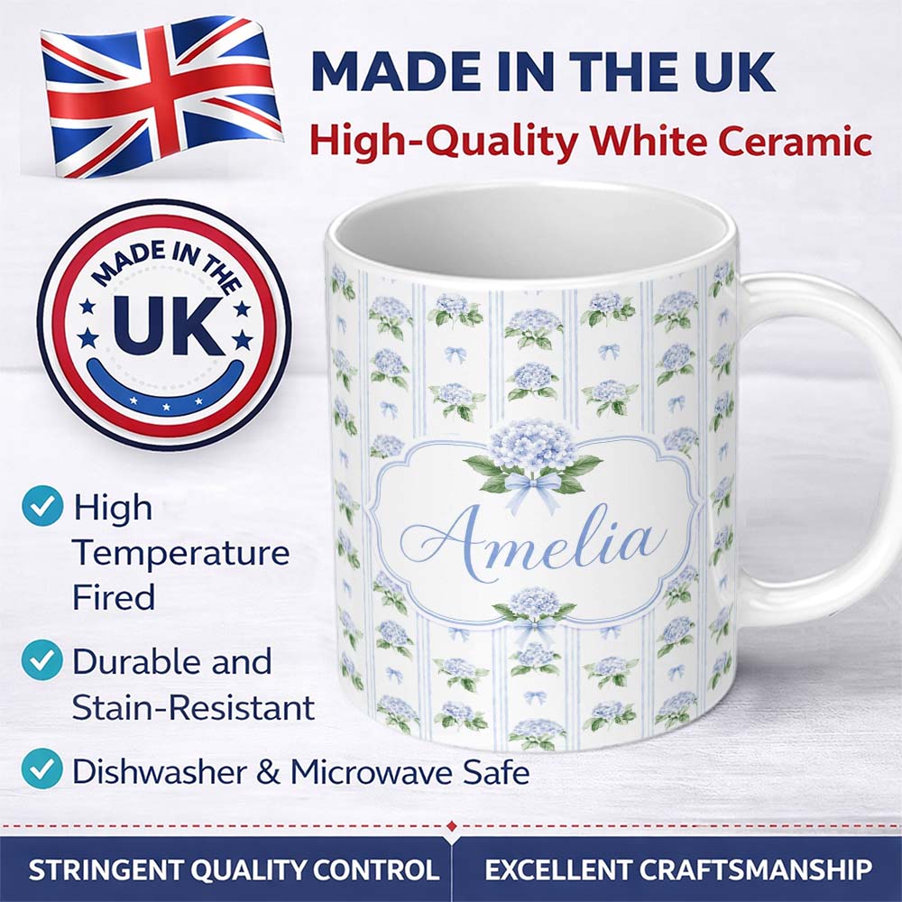 Personalized Custom Name Blue Hydrangea Stripe Bow Floral Seamless Pattern Cute Unique Gift 11oz Ceramic Coffee Tea Mug White Large Handle