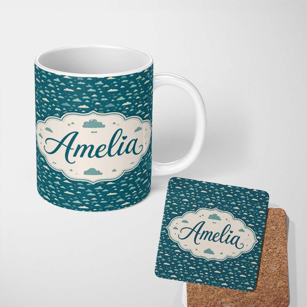 Personalized Custom Name Small Scale Cloud Pattern Teal Background Soft Neutral Clouds Lovely 11oz Ceramic Coffee Tea Mug White Large Handle