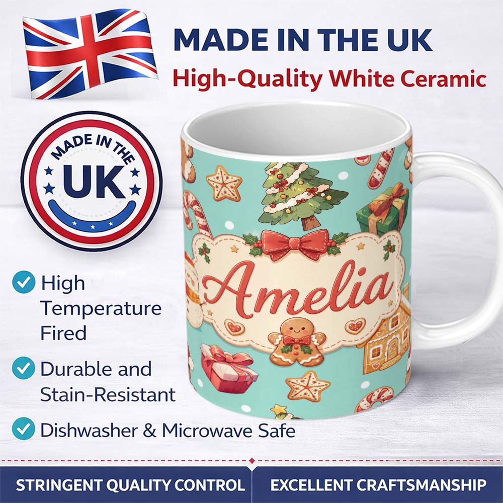 Personalized Custom Name Cute Gingerbread Man Christmas Tree Candy Cane Holiday Pattern Blue 11oz Ceramic Coffee Tea Mug White Large Handle