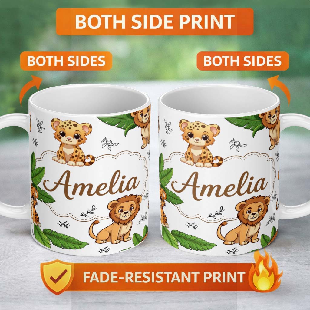 Personalized Custom Name Cute Jungle Animals Lion Tiger Leopard Blush Pink Background Lovely 11oz Ceramic Coffee Tea Mug White Large Handle