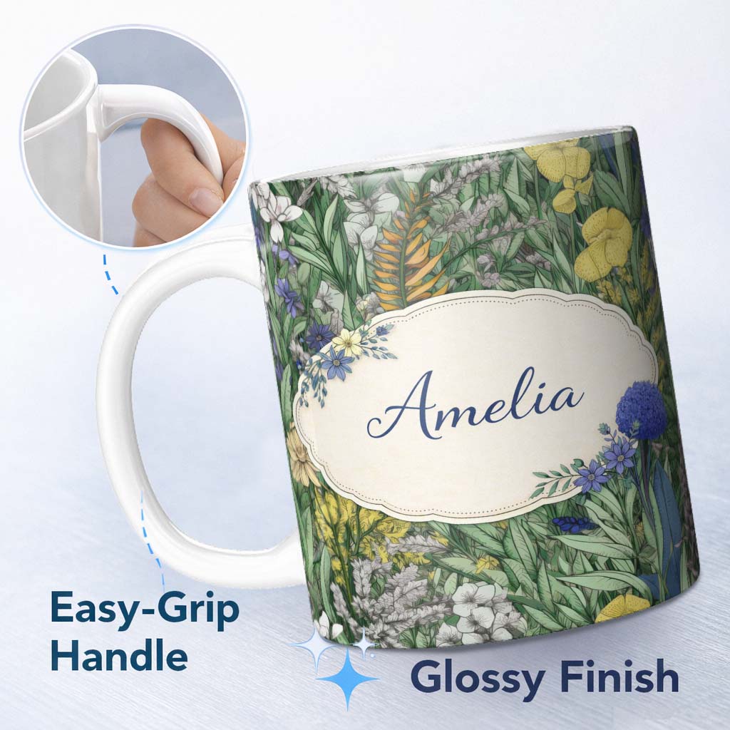 Personalized Custom Name Tropical Botanical Garden Illustration Green Floral Seamless Pattern 11oz Ceramic Coffee Tea Mug White Large Handle
