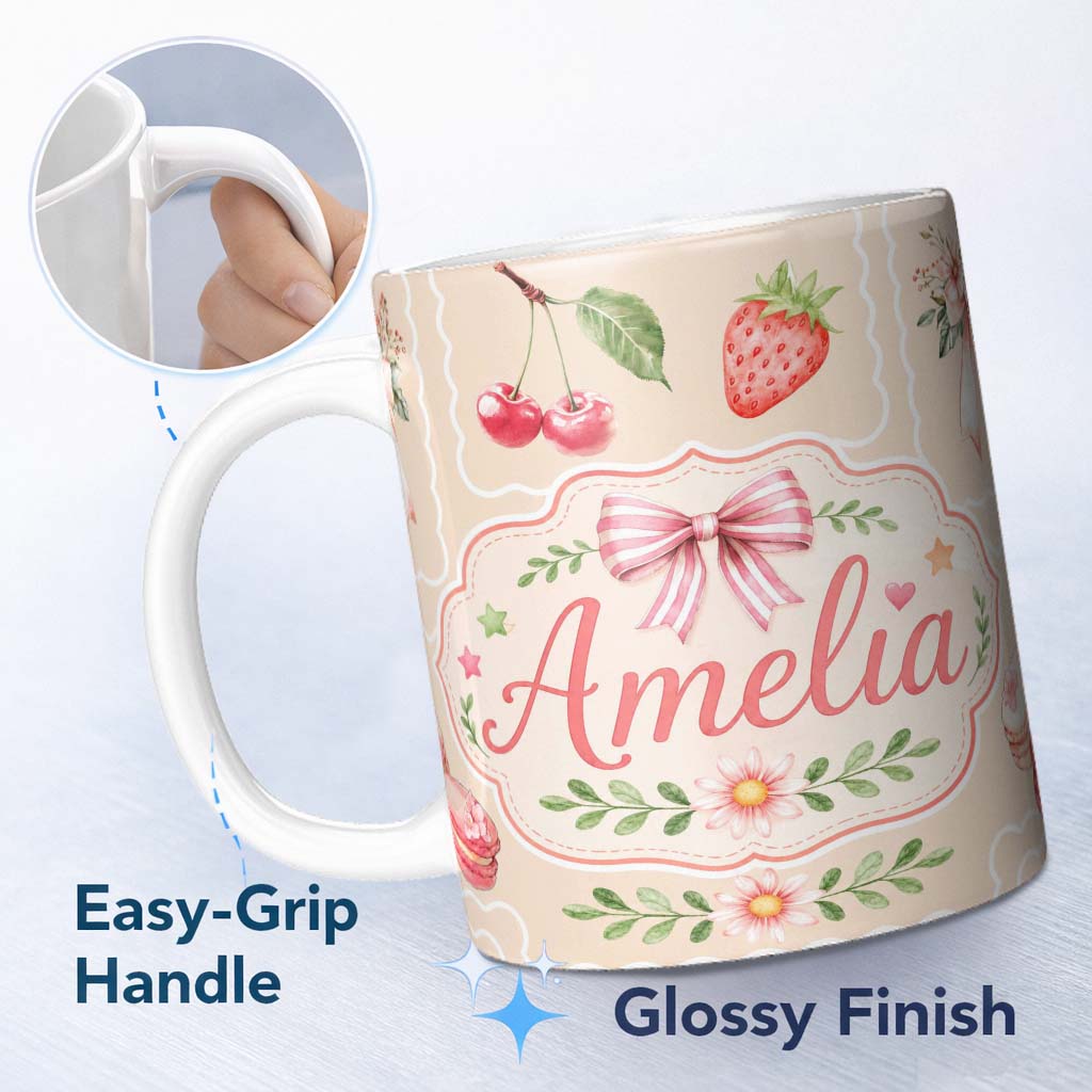 Personalized Custom Name Cute Strawberry Cherry Ribbon Bow Sweet Dessert Pastel Cream Lovely 11oz Ceramic Coffee Tea Mug White Large Handle