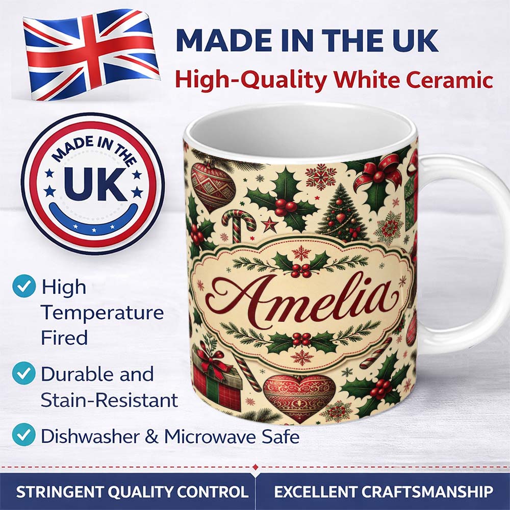 Personalized Custom Name Vintage Christmas Tree Candy Cane Gifts Holly Festive Holiday Design 11oz Ceramic Coffee Tea Mug White Large Handle