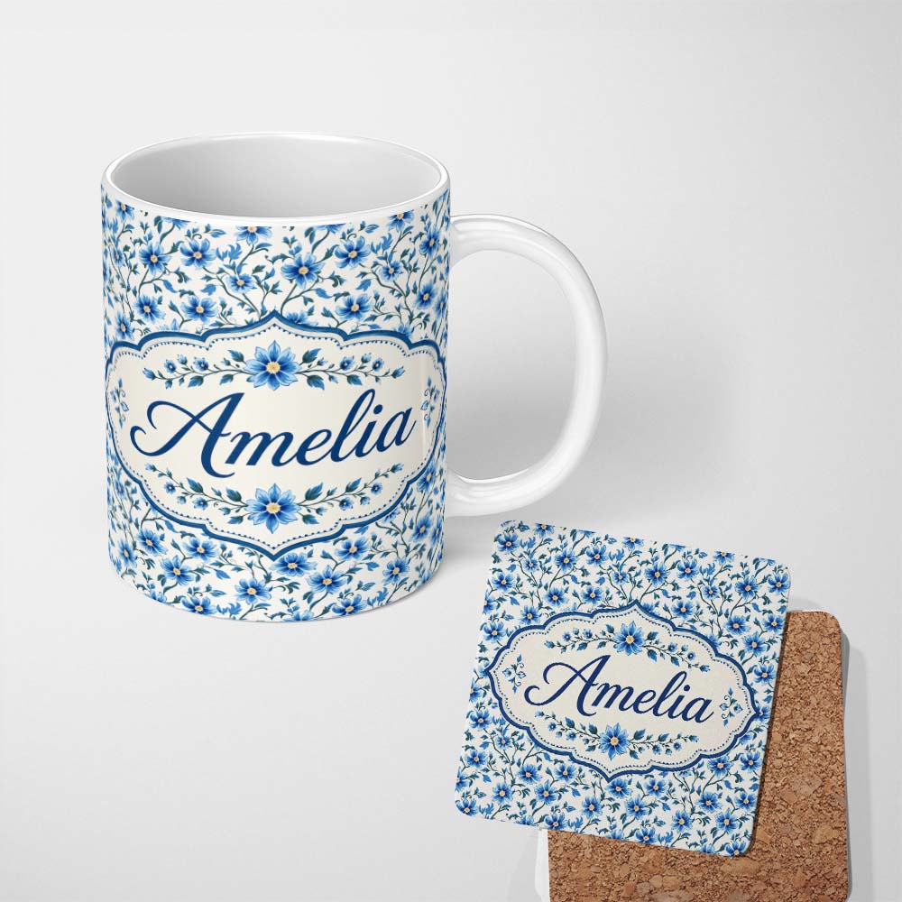 Personalized Custom Name Classic Blue Floral Vine Pattern on Light Background Vintage Style 11oz Ceramic Coffee Tea Mug White Large Handle