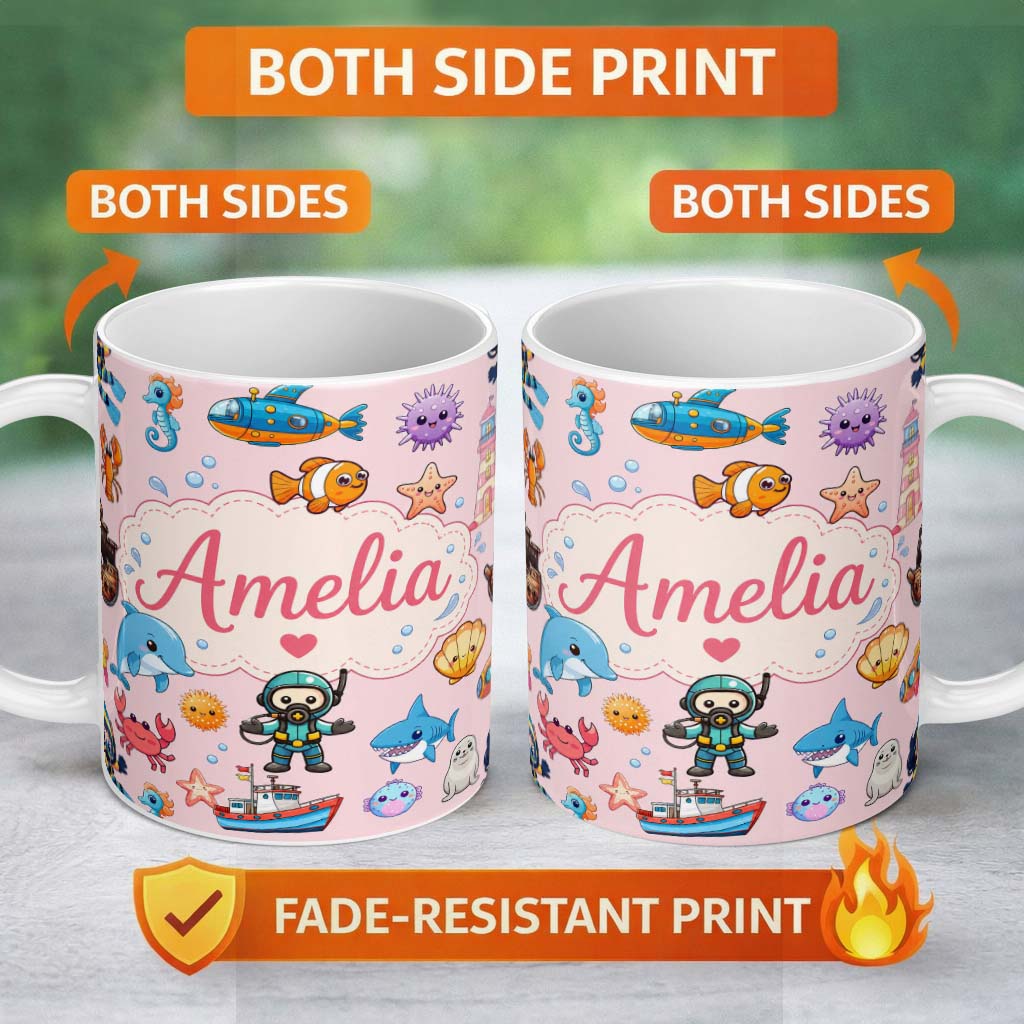 Personalized Custom Name Cartoon Ocean with various sea CreaturesSea Creatures on Blush Pink 11oz Ceramic Coffee Tea Mug White Large Handle