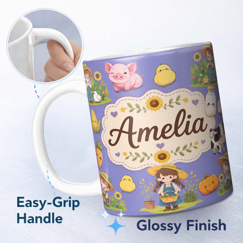 Personalized Custom Name Cute Farm Girl Animals Harvest Seamless Pattern Purple Background 11oz Ceramic Coffee Tea Mug White Large Handle