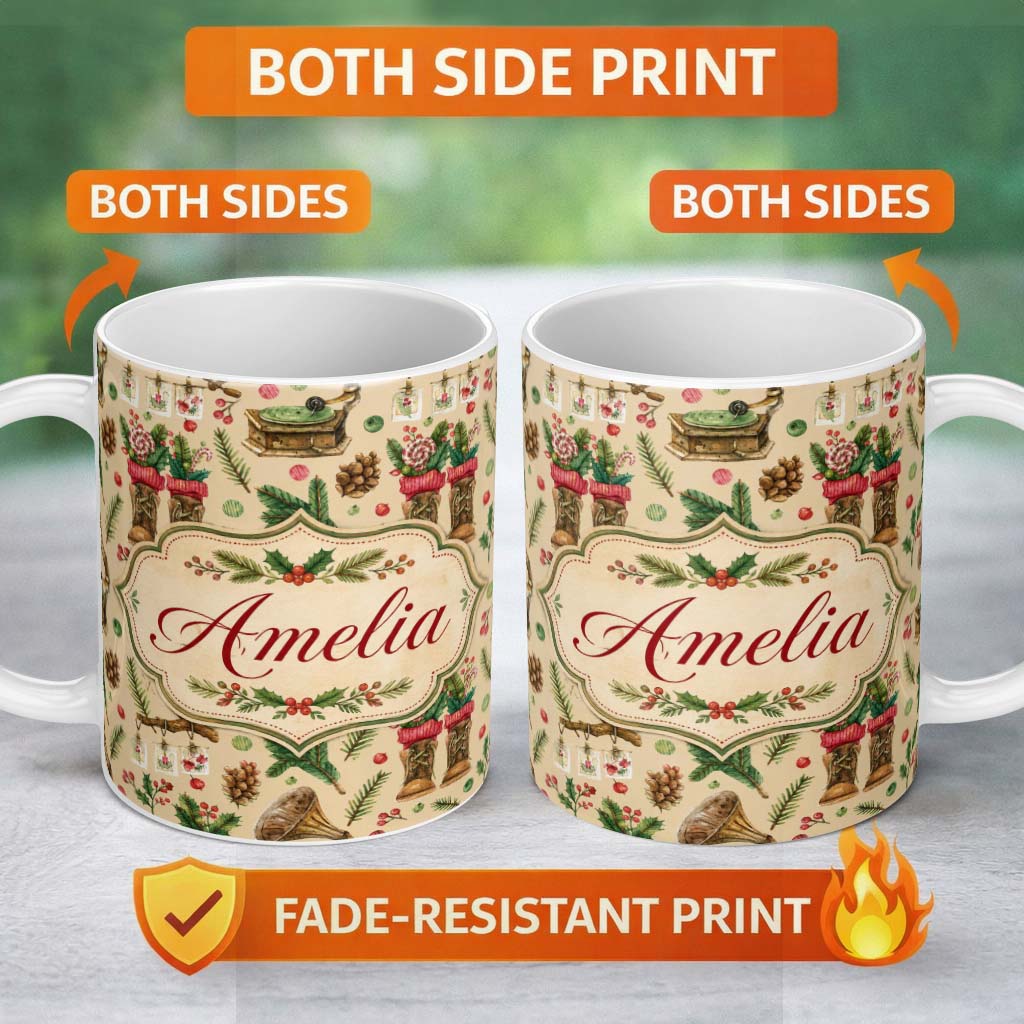 Personalized Custom Name Vintage Christmas Boots Candy Cane Gramophone Pinecone Seamless 11oz Ceramic Coffee Tea Mug White Large Handle