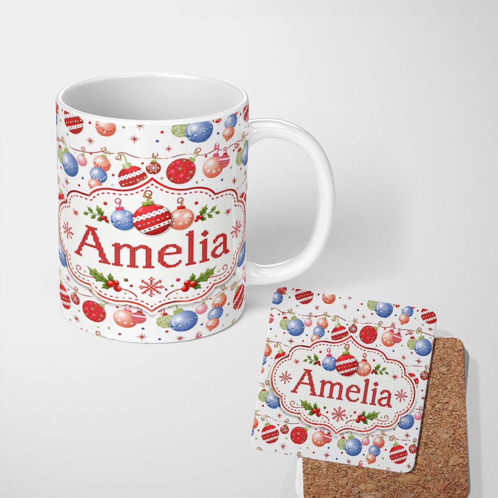 Personalized Custom Name Christmas Hanging Baubles Garland Stars Seamless Pattern Lovely 11oz Ceramic Coffee Tea Mug White Large Handle