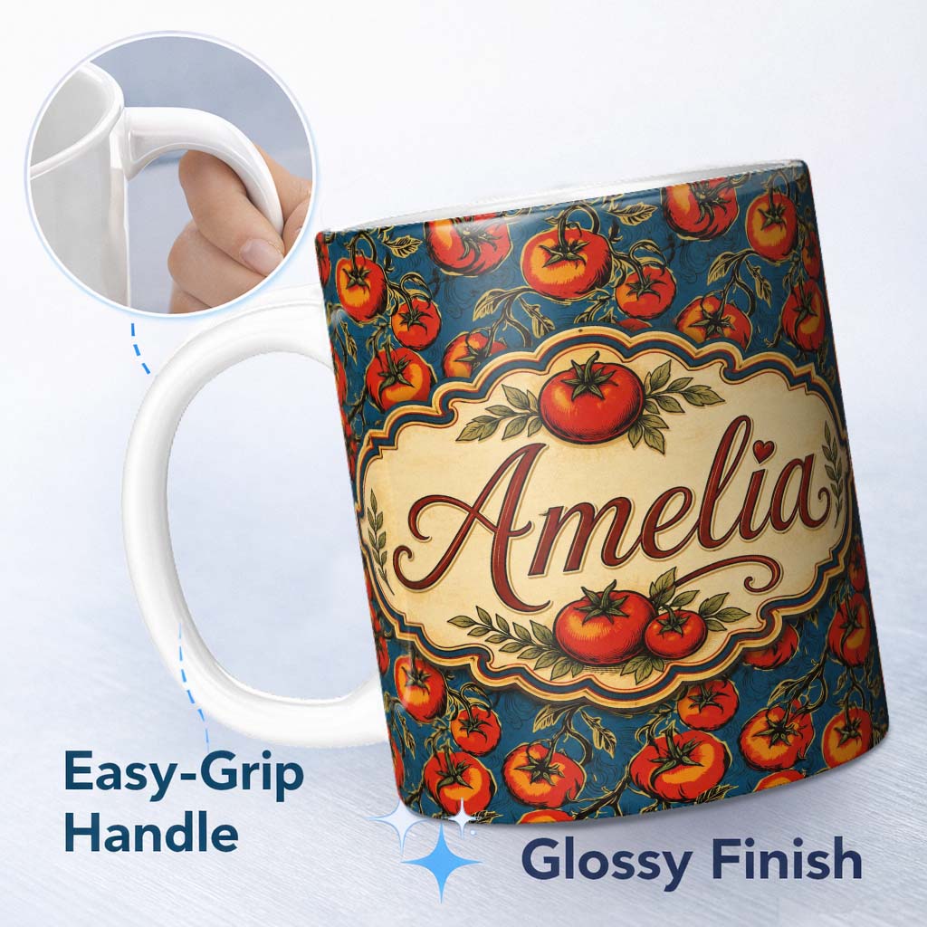 Personalized Custom Name Vibrant Red Tomatoes on Vine with Dark Blue Ornate Background Lovely 11oz Ceramic Coffee Tea Mug White Large Handle