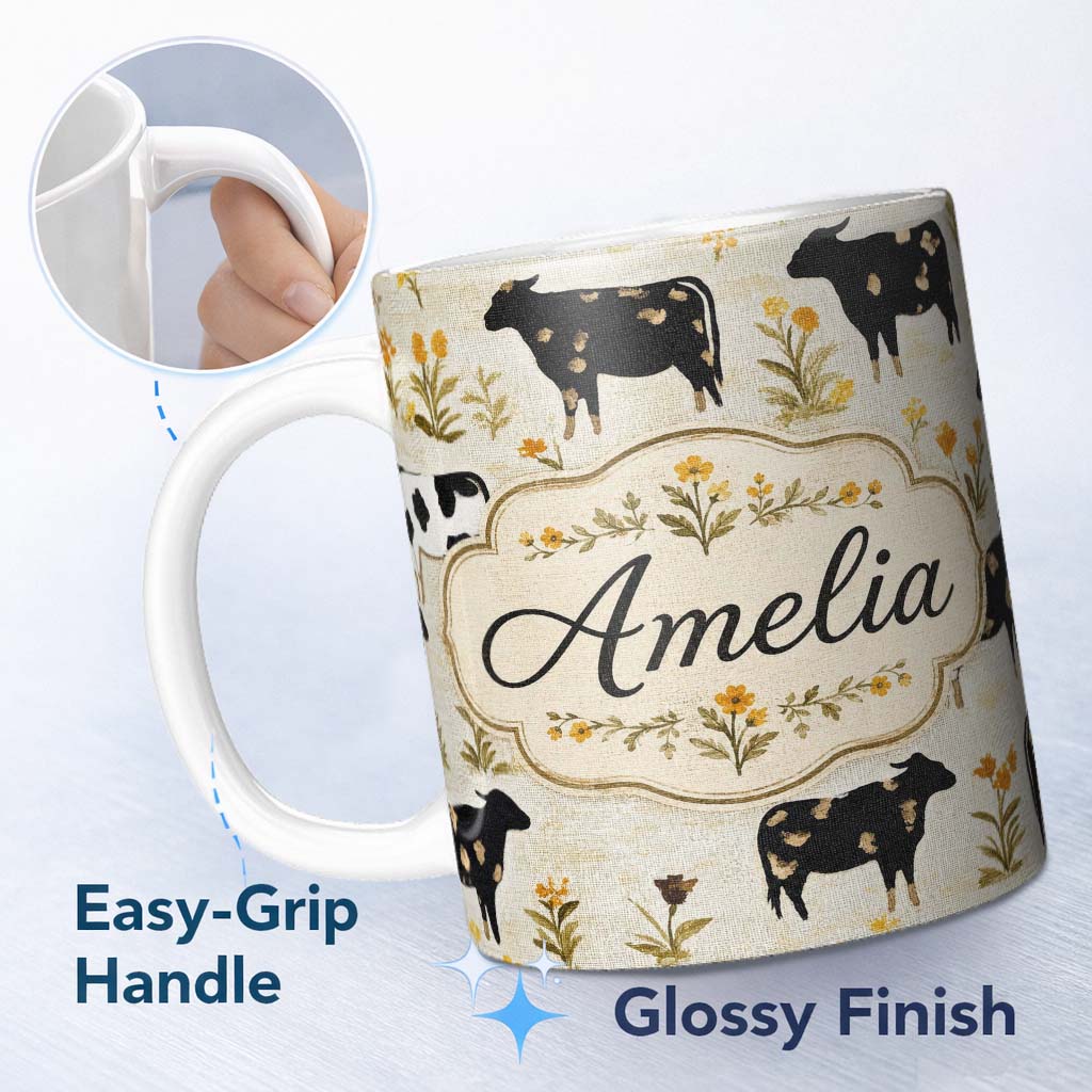 Personalized Custom Name Rustic Cow Silhouette with Floral Meadow Seamless Pattern Lovely 11oz Ceramic Coffee Tea Mug White Large Handle