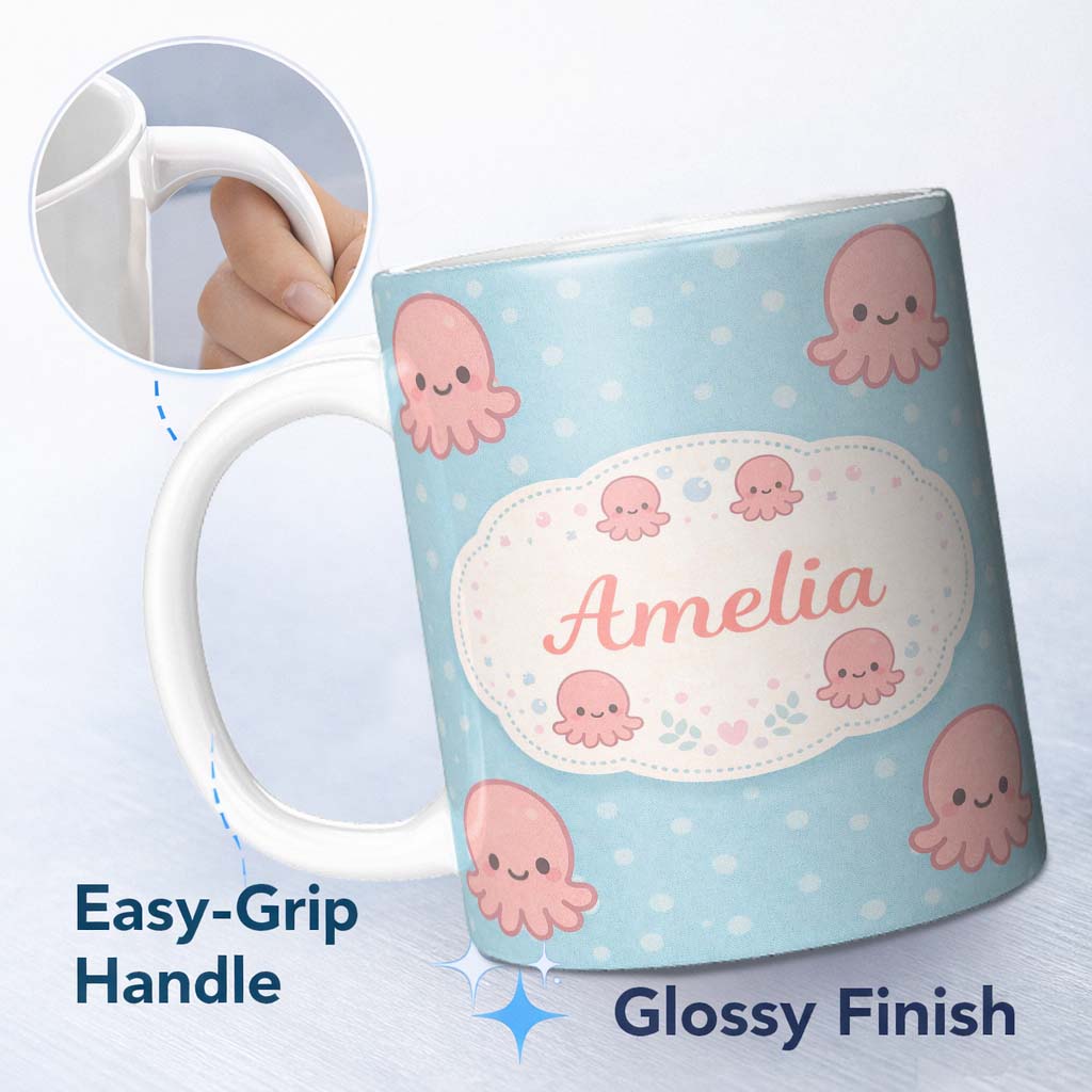 Personalized Custom Name Cute Pink Octopus Cartoon Sea Animal Pattern Charming Kitchen Decor 11oz Ceramic Coffee Tea Mug White Large Handle