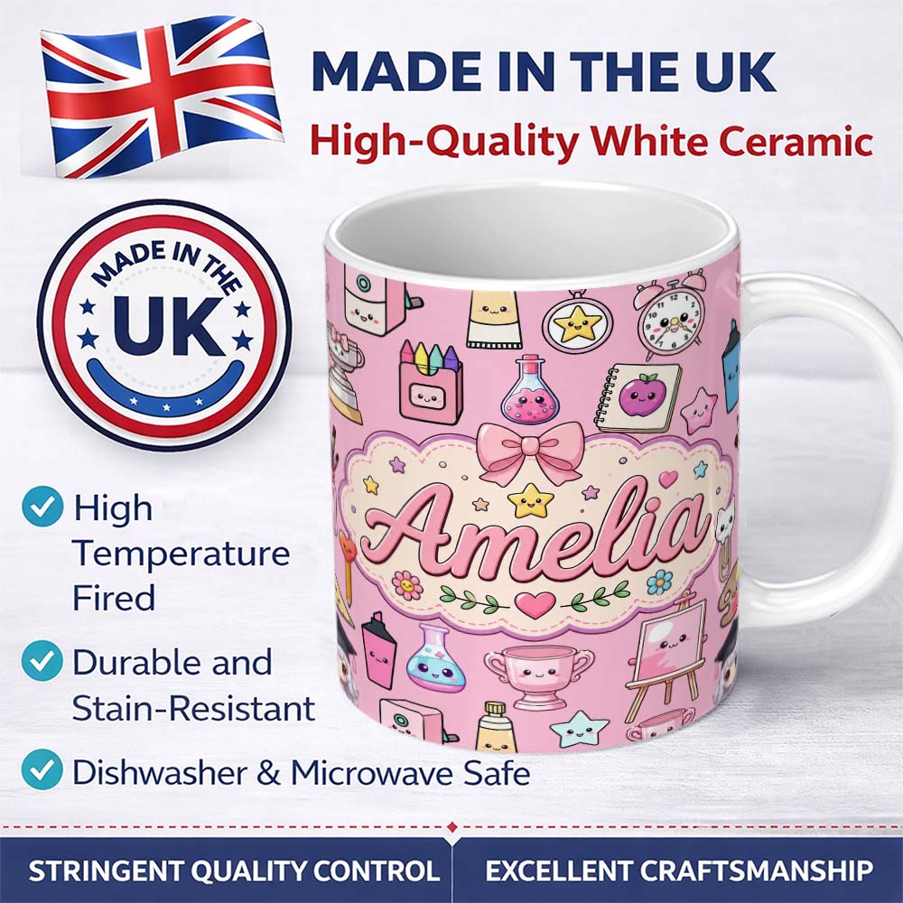 Personalized Custom Name Cute Kawaii Graduation School Science Art Supplies Pattern Pink 11oz Ceramic Coffee Tea Mug White Large Handle