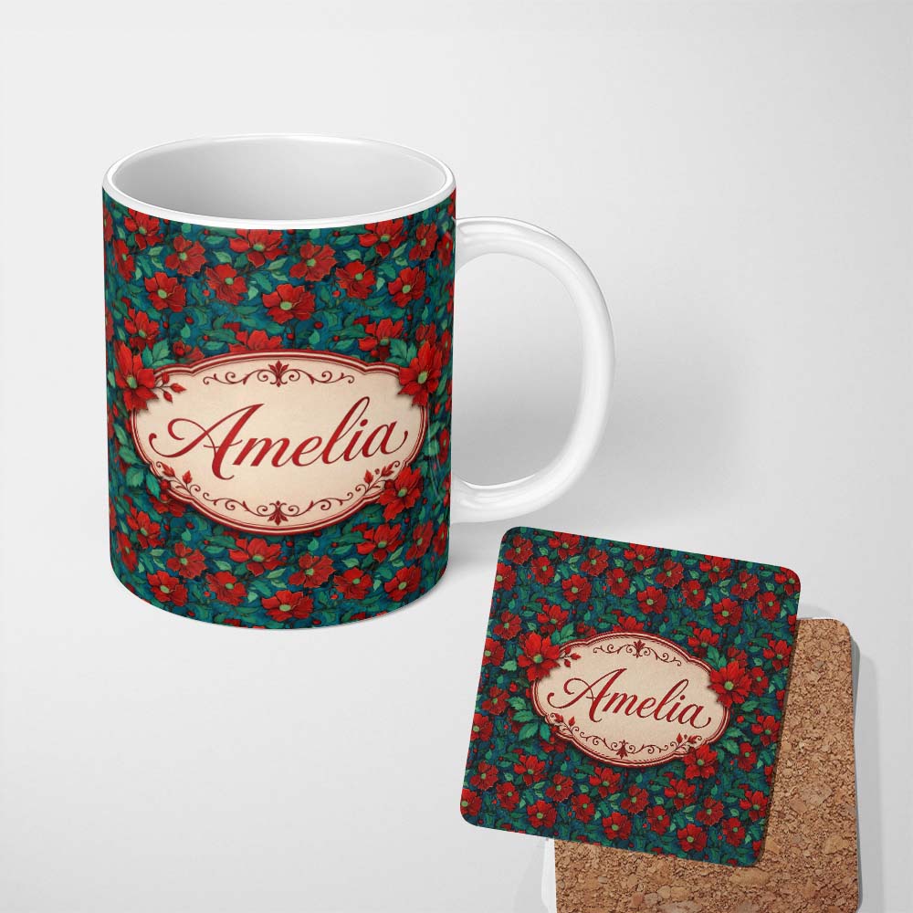 Personalized Custom Name Teal Background Red Floral Botanical Seamless Pattern Lovely 11oz Ceramic Coffee Tea Mug White Large Handle