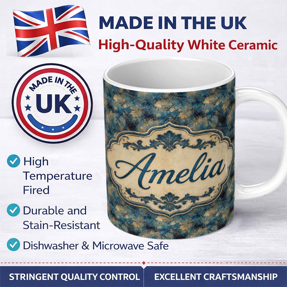 Personalized Custom Name Blue Abstract Spider Web Texture Seamless Pattern Cute Unique Gift 11oz Ceramic Coffee Tea Mug White Large Handle