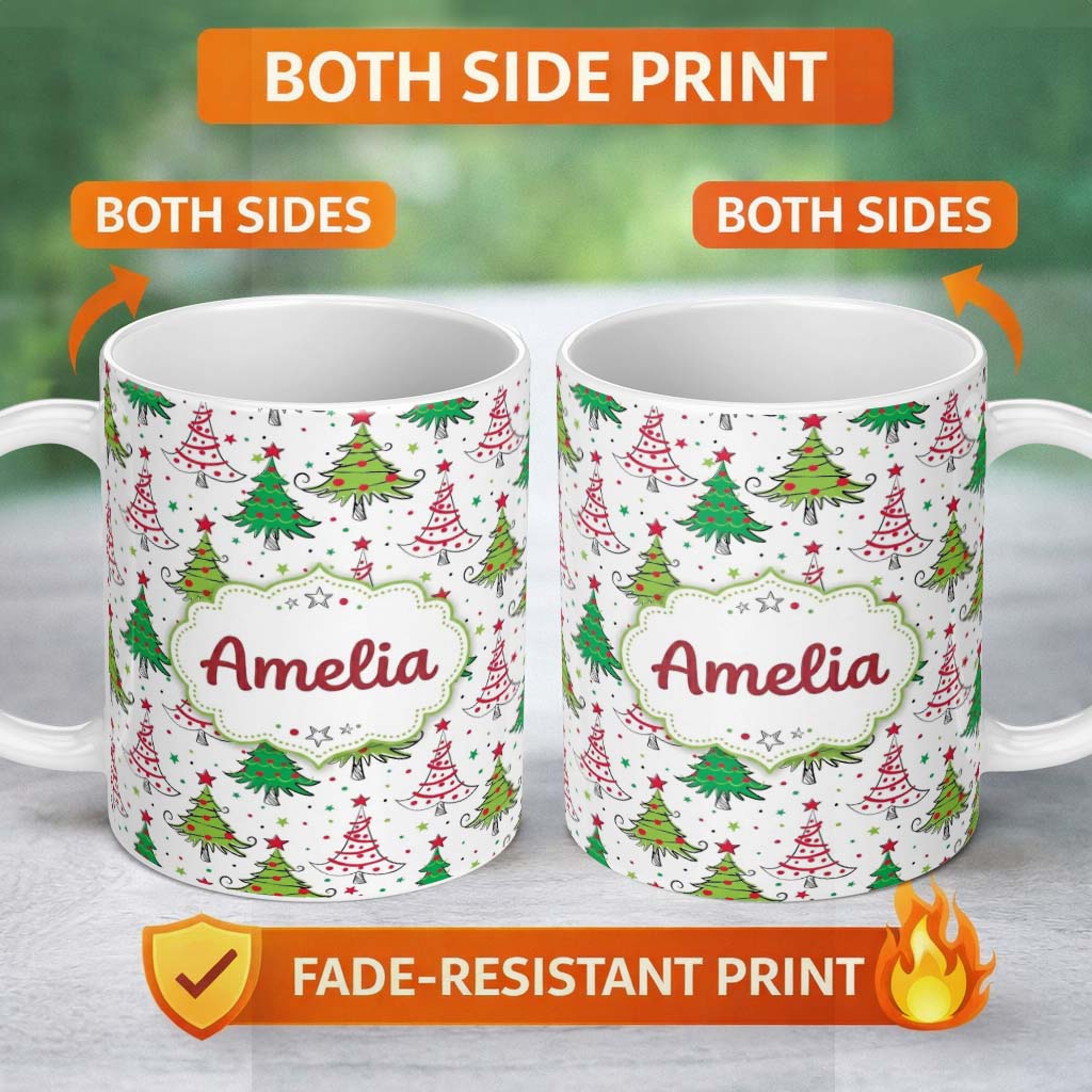 Personalized Custom Name Hand Drawn Christmas Trees with Stars Dots and Swirls Cute Seamless 11oz Ceramic Coffee Tea Mug White Large Handle