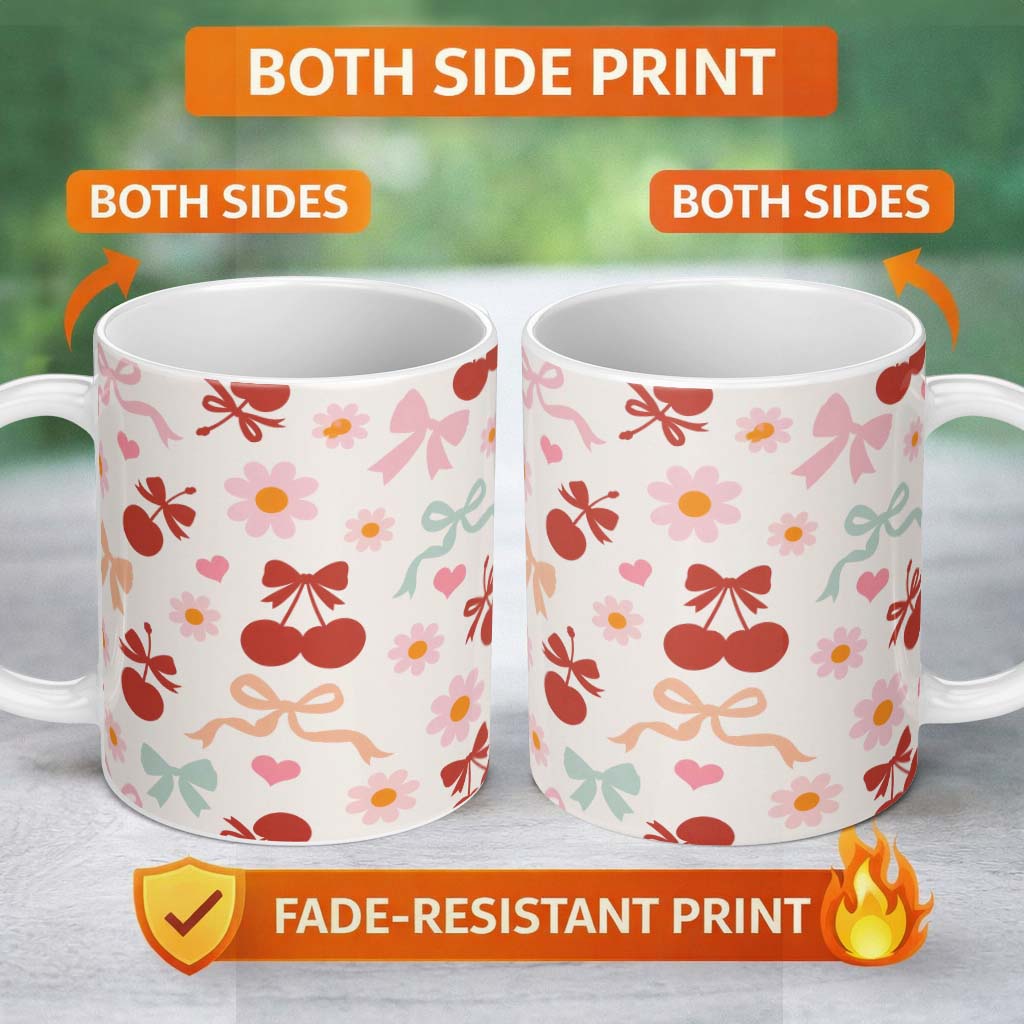 Personalized Custom Name Cute Cherry Bow Daisy Heart Seamless Pattern on Light Neutral Cream 11oz Ceramic Coffee Tea Mug White Large Handle