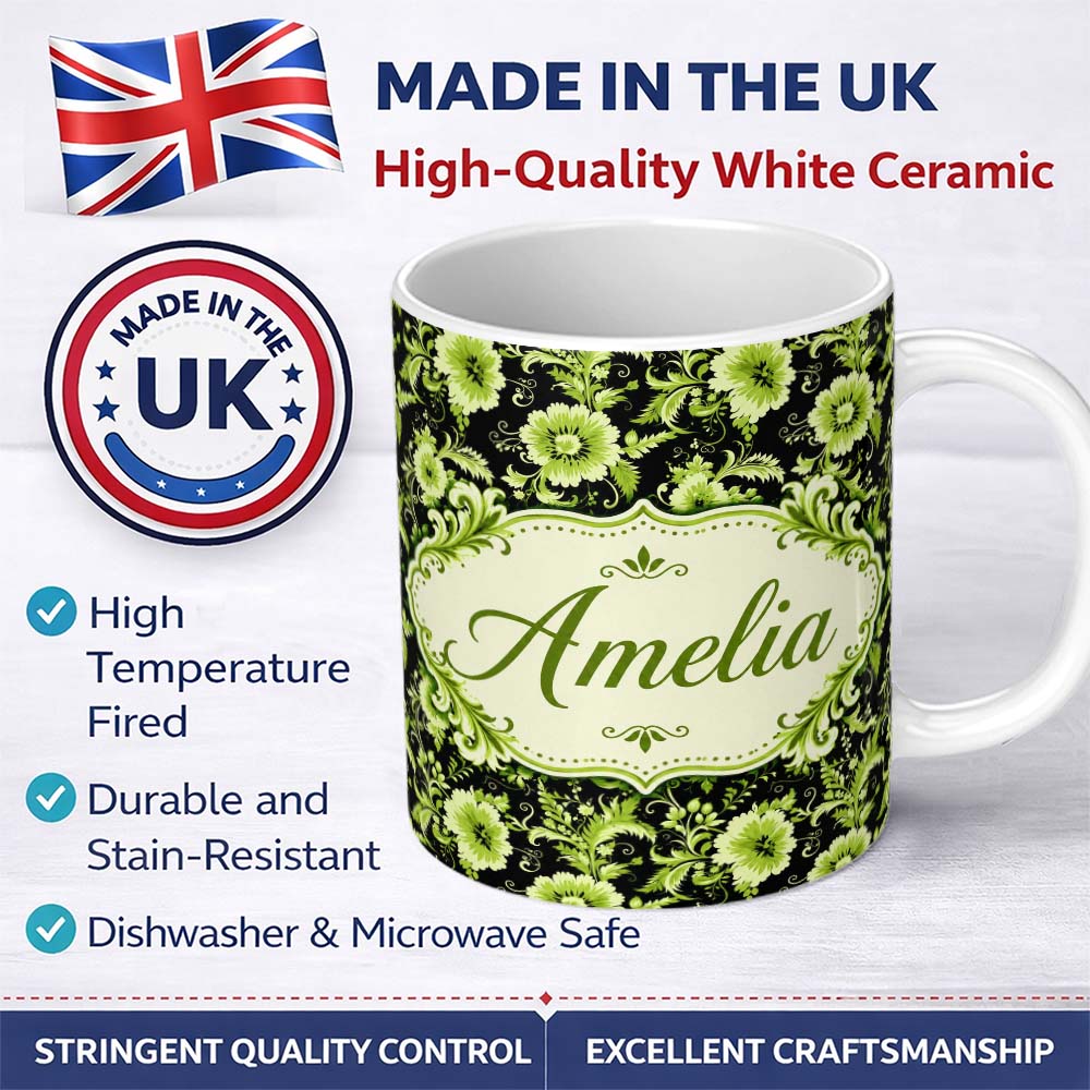 Personalized Custom Name Black Background Green Floral Botanical Seamless Pattern Lovely 11oz Ceramic Coffee Tea Mug White Large Handle