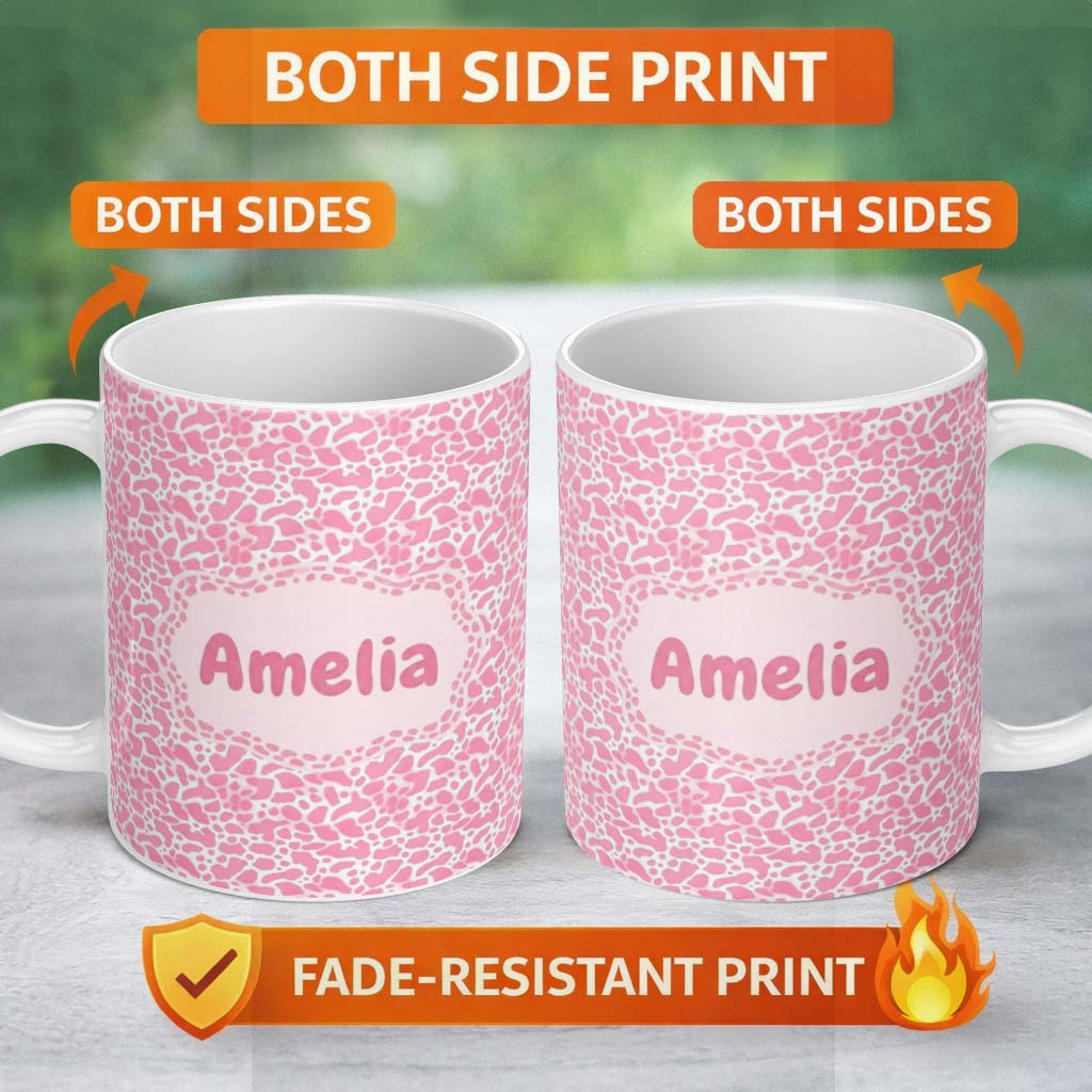Personalized Custom Name Pink Abstract Animal Print Seamless Pattern Soft Organic Shape 11oz Ceramic Coffee Tea Mug White Large Handle
