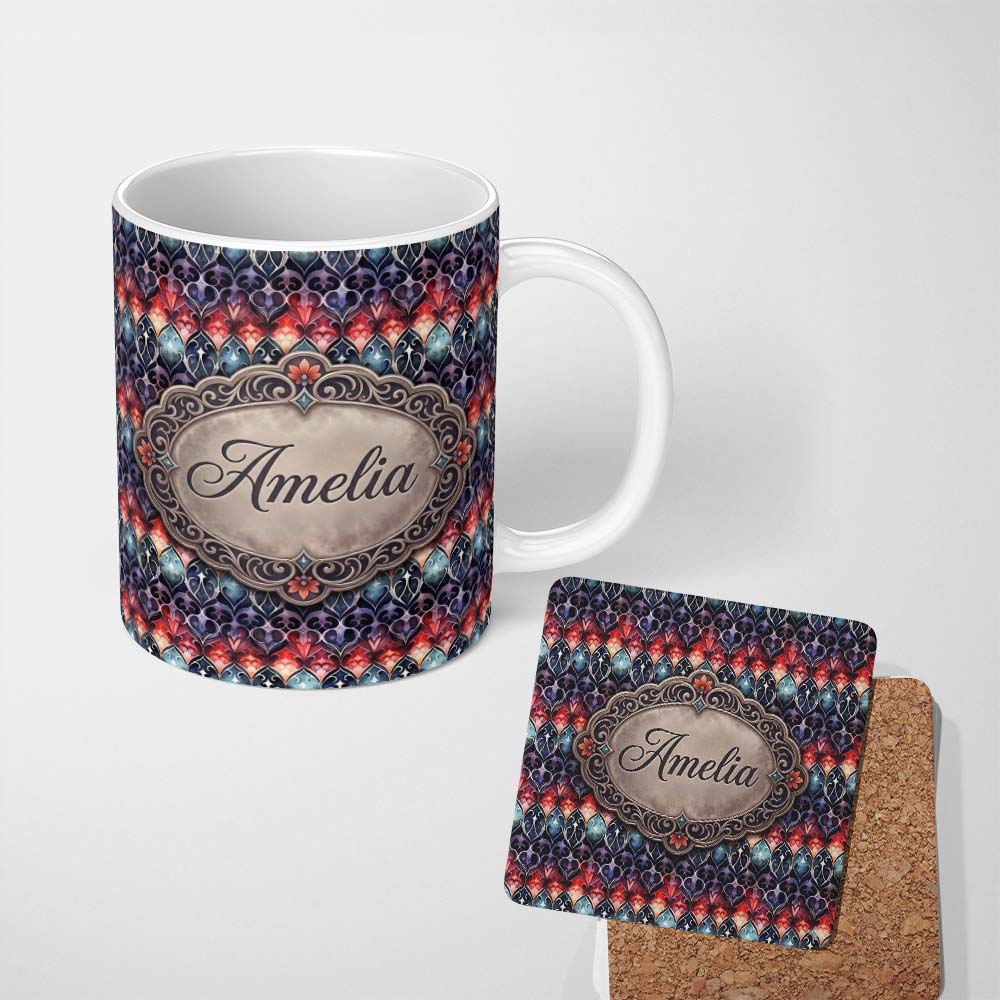 Personalized Custom Name Elegant Gothic Floral Motif Red Blue and Purple Seamless Pattern 11oz Ceramic Coffee Tea Mug White Large Handle