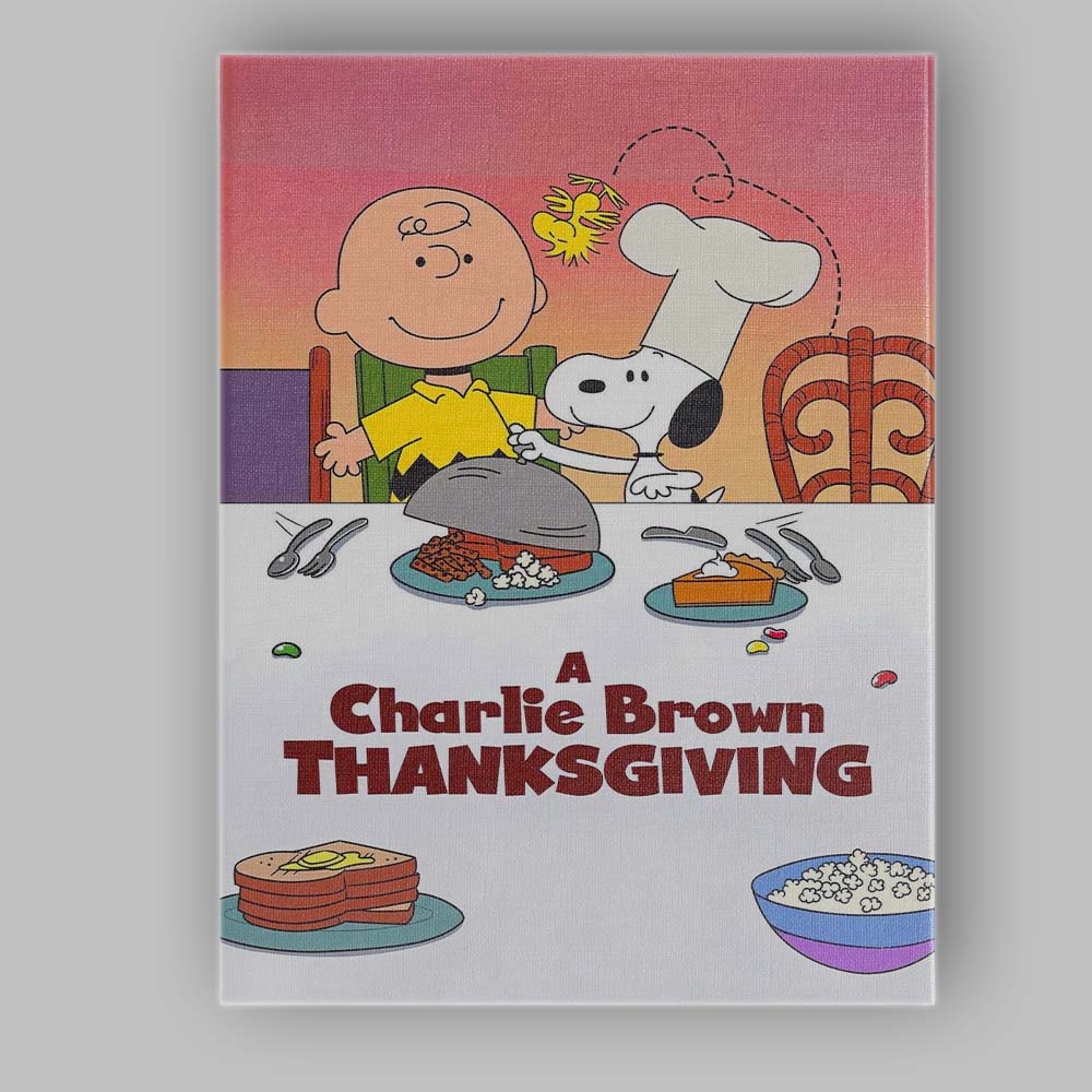Pastel Cartoon Family Thanksgiving Dinner Illustration Artwork Canvas Wall Art Print Decor Picture Ready to Hang