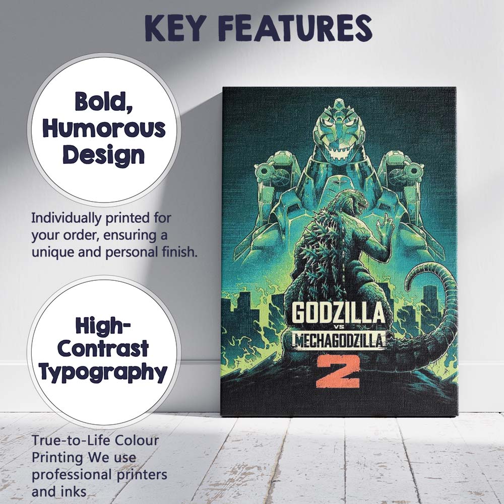 Godzilla And Mechagodzilla Retro Sci Fi Monster Battle Artwork Canvas Wall Art Print Decor Picture Ready to Hang